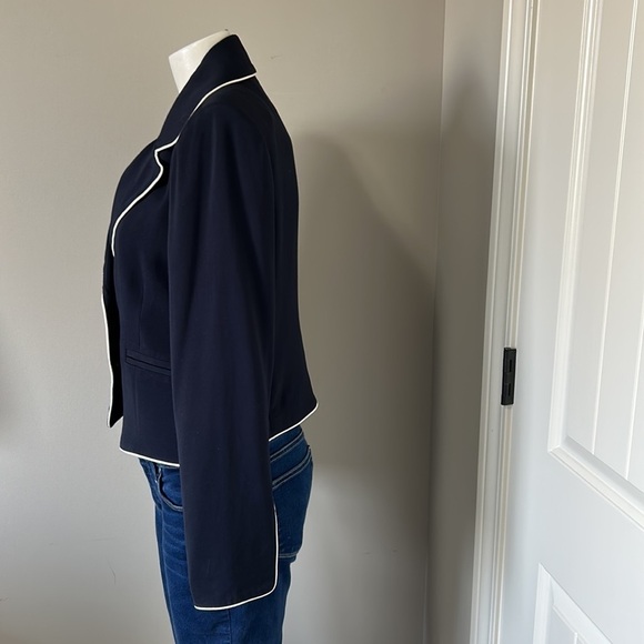 Frame Denim Piped Cropped Double Breasted Blazer Slit Cuff Navy Blue Sz 8 - Picture 7 of 16